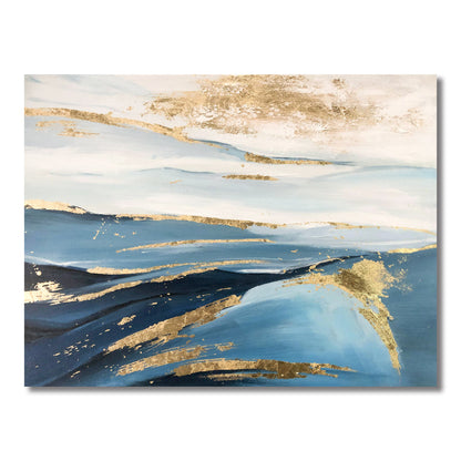 Serene Blue Waves with Gold Accents - Inspiring Oil Painting for Modern Home Decor