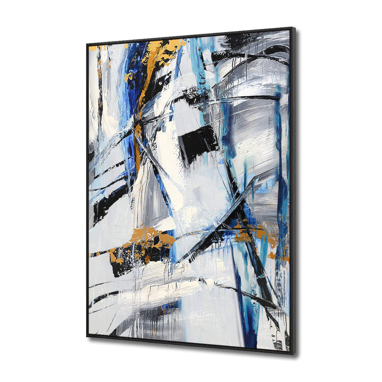 Dynamic Abstract Oil Painting in Bold Blues and Golds for Modern Home Decor