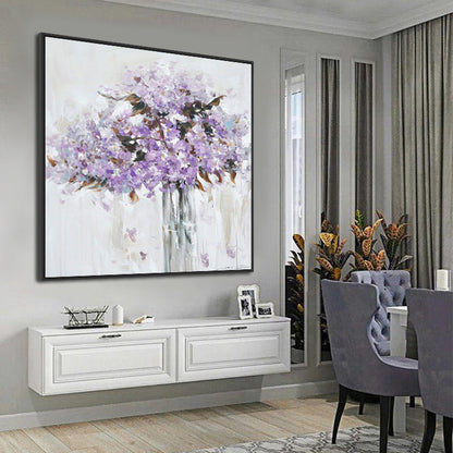 Charming Lavender Blooms in Elegant Glass Vase - Serene Floral Oil Painting