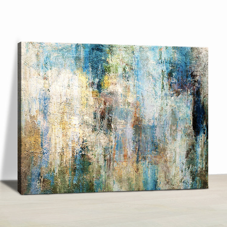 Tranquil Abstract Oil Painting with Vibrant Blue and Gold Hues for Modern Decor