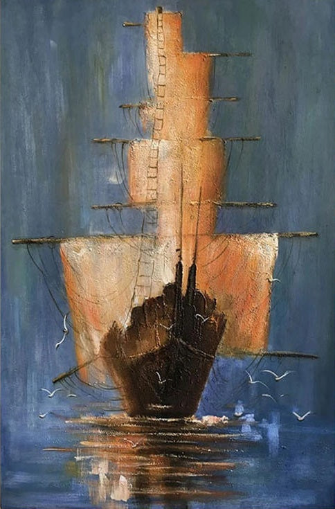 Serene Seascape: Captivating Oil Painting of an Elegant Ship in Tranquil Waters