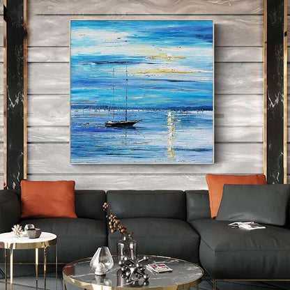 Tranquil Sailboat Journey Across Serene Ocean Waves in Blue Hue