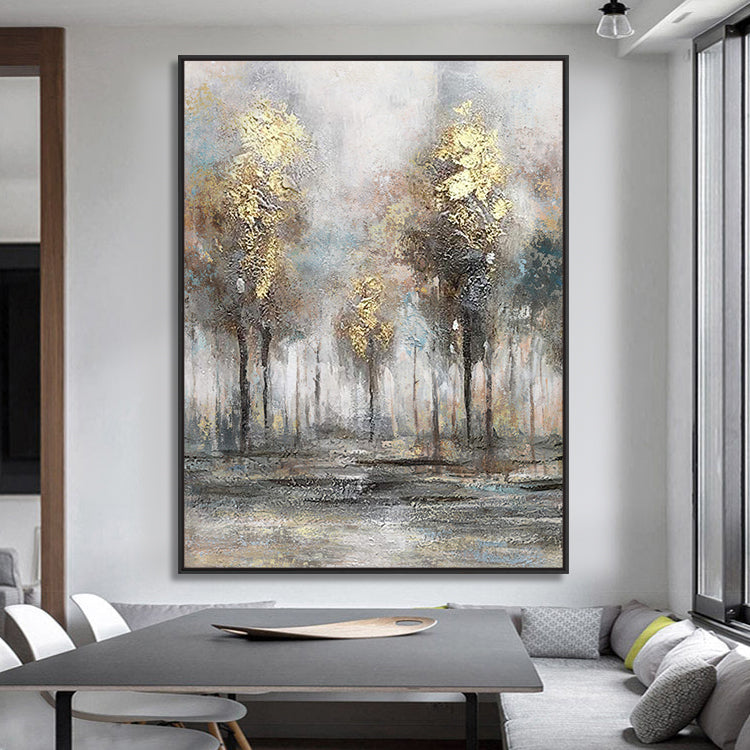 Golden Autumn Forest: Serene Oil Painting for Elegant Home Décor