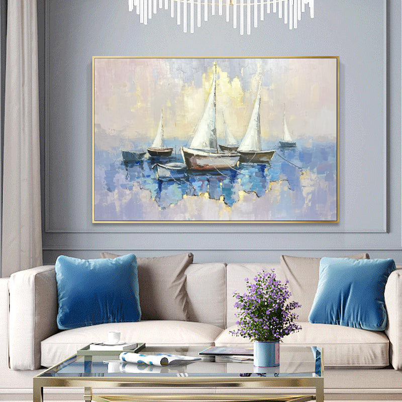 Sailing Serenity: Tranquil Oil Painting of Boats on a Blue Sea