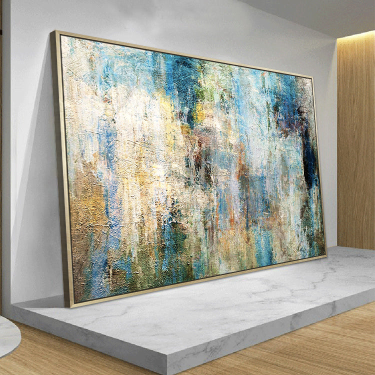 Tranquil Abstract Oil Painting with Vibrant Blue and Gold Hues for Modern Decor