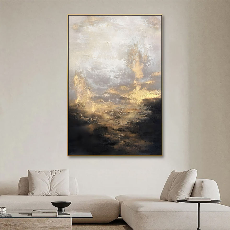 Golden Horizon: Abstract Oil Painting for Elegant Home Decor