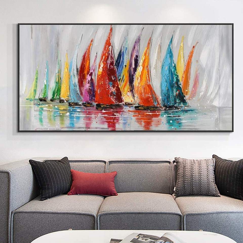 Vibrant Sailboats on Calm Waters - Colorful Oil Painting for Your Home Decor