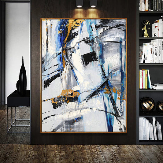Dynamic Abstract Oil Painting in Bold Blues and Golds for Modern Home Decor