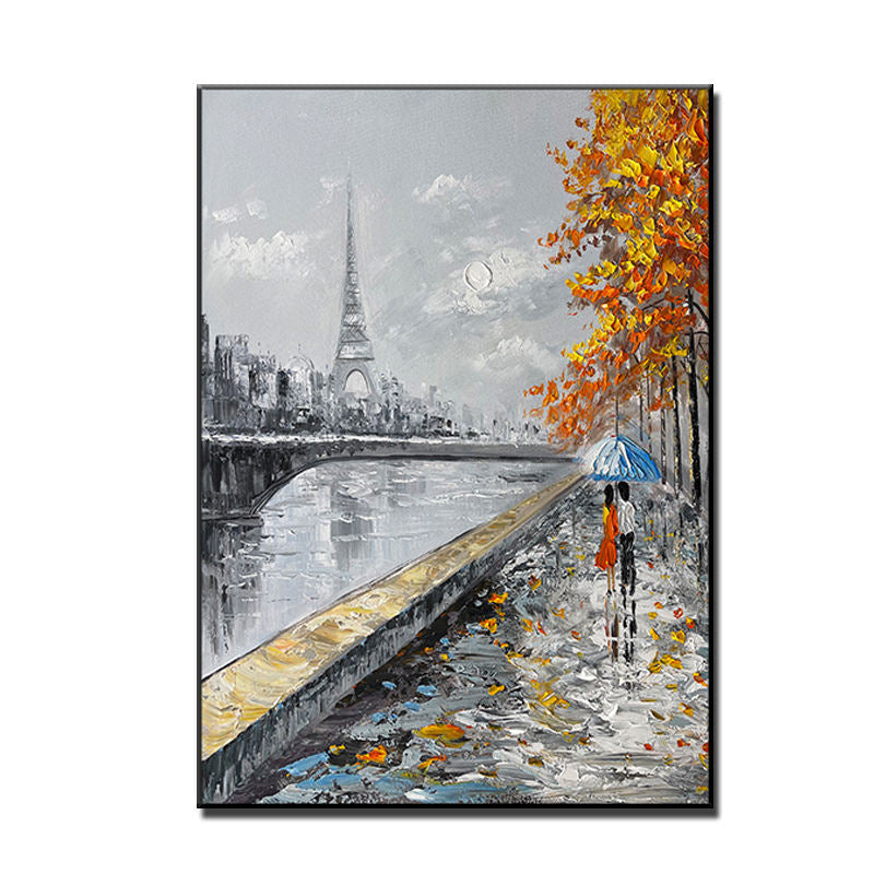 Romantic Parisian Evening with Umbrella - Elegant Oil Painting for Home Decor