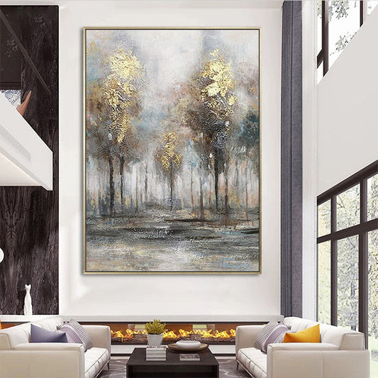 Golden Autumn Forest: Serene Oil Painting for Elegant Home Décor