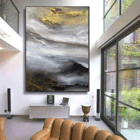 Abstract Oil Painting of a Stormy Sky with Golden Hues and Dramatic Waves