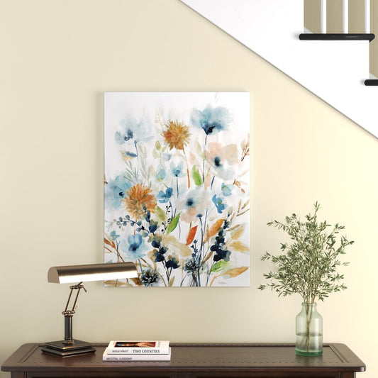 Floral Serenity in Blue and Gold - Vibrant Oil Painting for Modern Home Decor