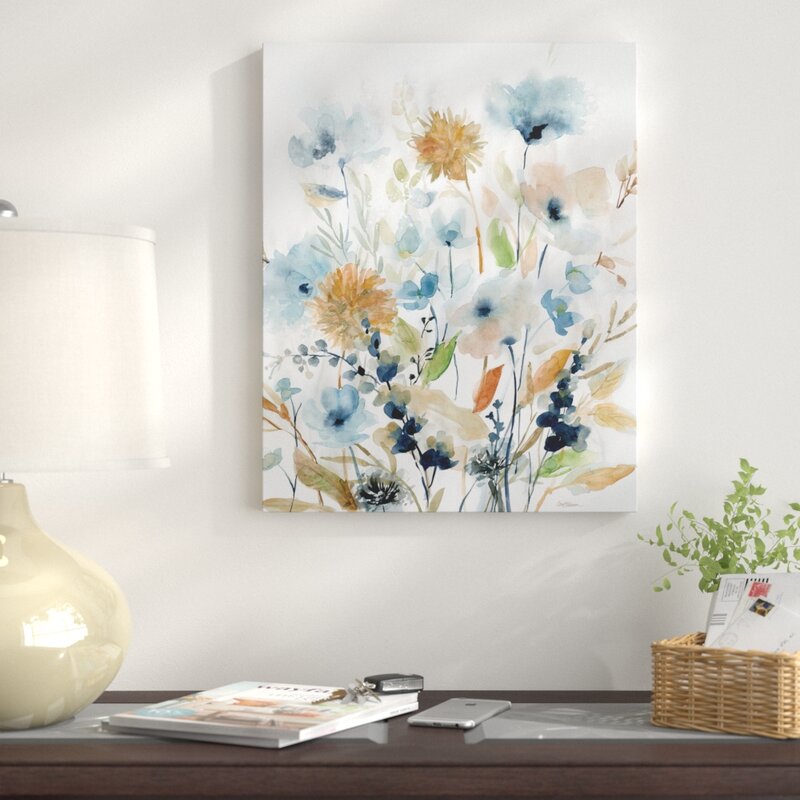 Floral Serenity in Blue and Gold - Vibrant Oil Painting for Modern Home Decor