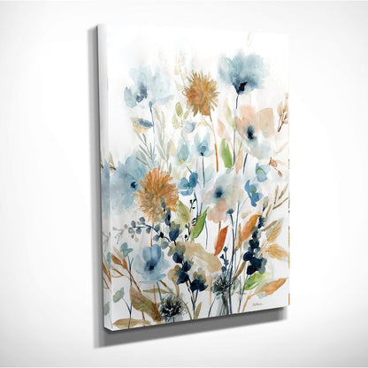 Floral Serenity in Blue and Gold - Vibrant Oil Painting for Modern Home Decor