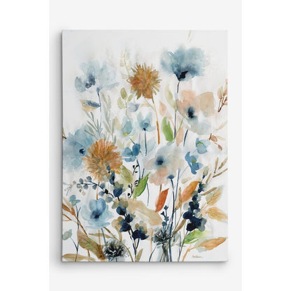 Floral Serenity in Blue and Gold - Vibrant Oil Painting for Modern Home Decor