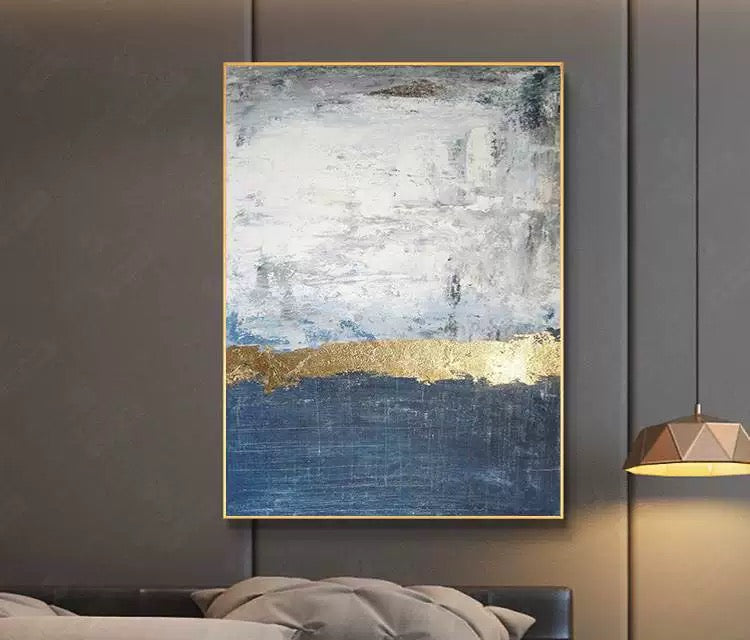 Serene Ocean Horizon with Gold Accent Oil Painting for Modern Home Decor