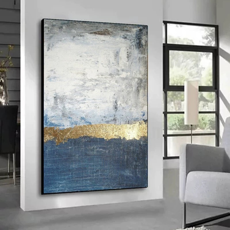 Serene Ocean Horizon with Gold Accent Oil Painting for Modern Home Decor