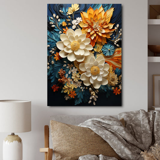 Botanical Beauty: Vibrant Orange and Teal Floral Oil Painting Decoration