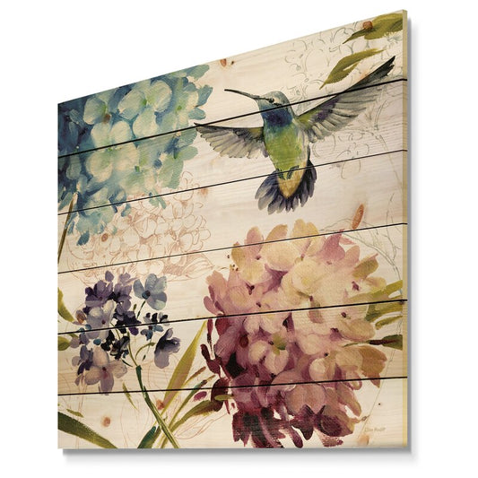 Hummingbird and Floral Art on Pine Wood - Colorful Farmhouse Wall Decor