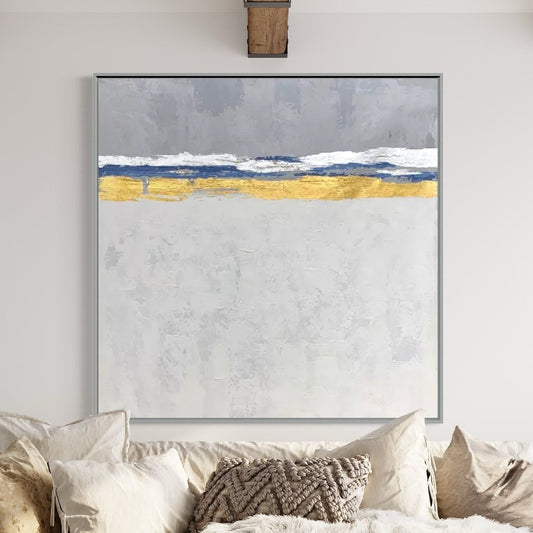 Serene Coastal Abstraction with Gold Accents for Elegant Home Decor