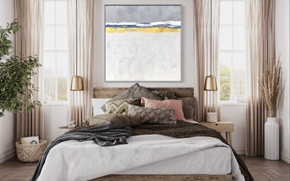 Serene Coastal Abstraction with Gold Accents for Elegant Home Decor