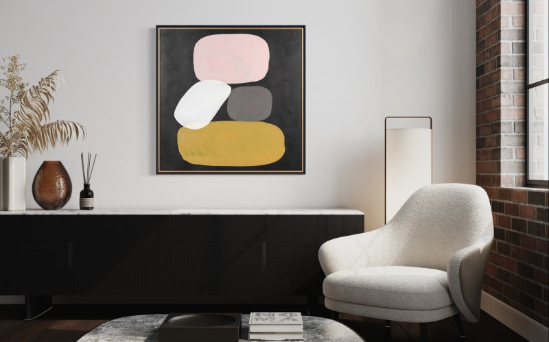 Contemporary Abstract Oil Painting with Soft Pastel Shapes on Dark Background