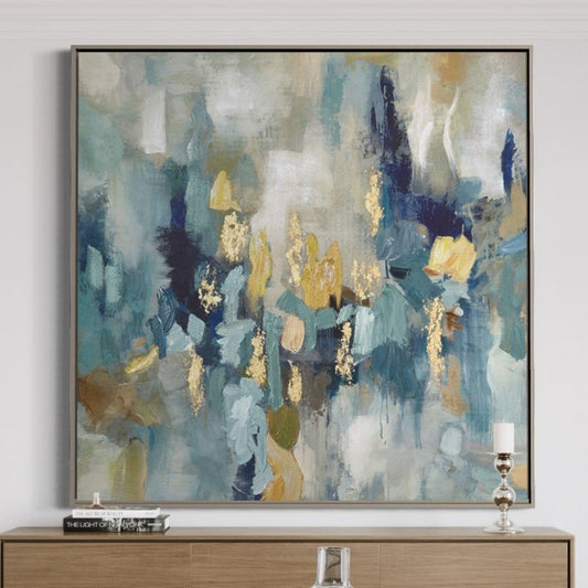 Abstract Cinematic Landscape Oil Painting in Blue and Gold Tones