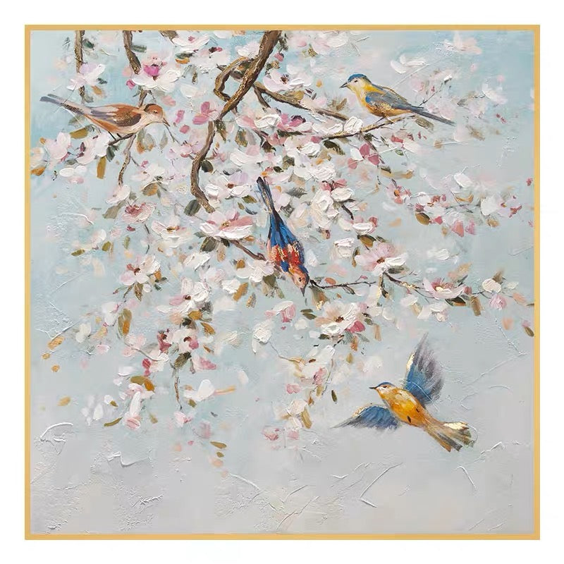 Serene Bluebirds Among Blossoms - Vibrant Floral Oil Painting for Home Decor