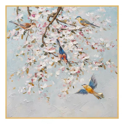 Serene Bluebirds Among Blossoms - Vibrant Floral Oil Painting for Home Decor