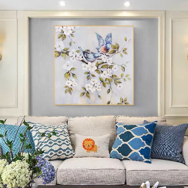 Whimsical Birds Among Blossoms - Charming Floral Oil Painting for Home Decor
