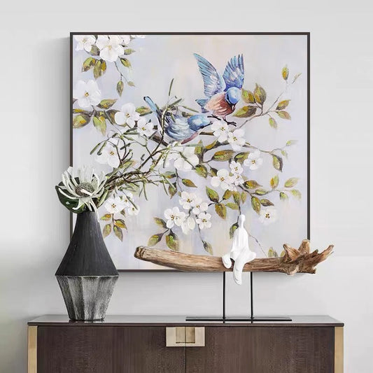 Whimsical Birds Among Blossoms - Charming Floral Oil Painting for Home Decor