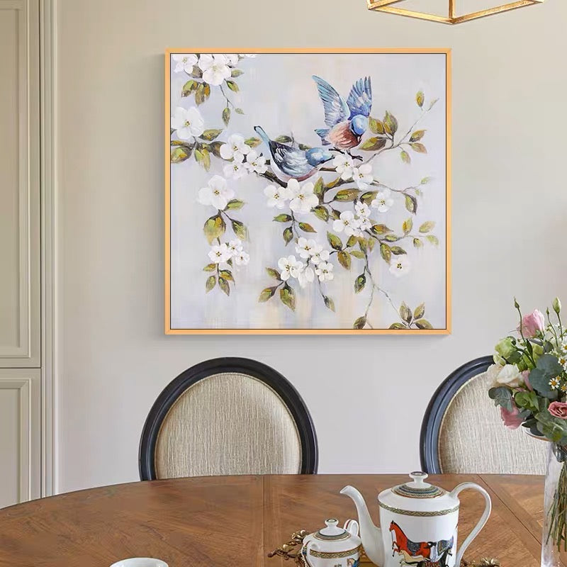 Whimsical Birds Among Blossoms - Charming Floral Oil Painting for Home Decor