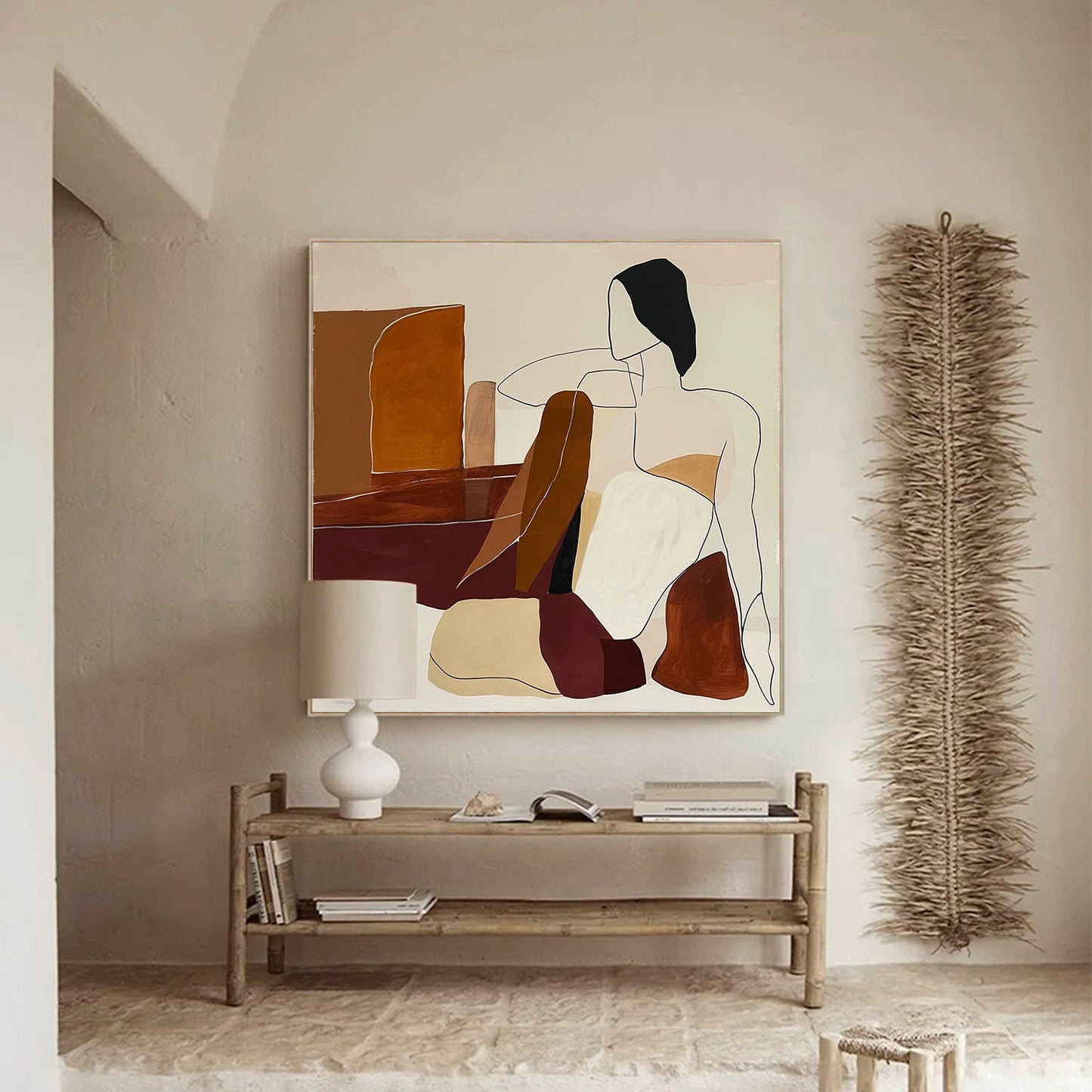 Elegant Minimalist Oil Painting of Abstract Human Figures in Warm Tones