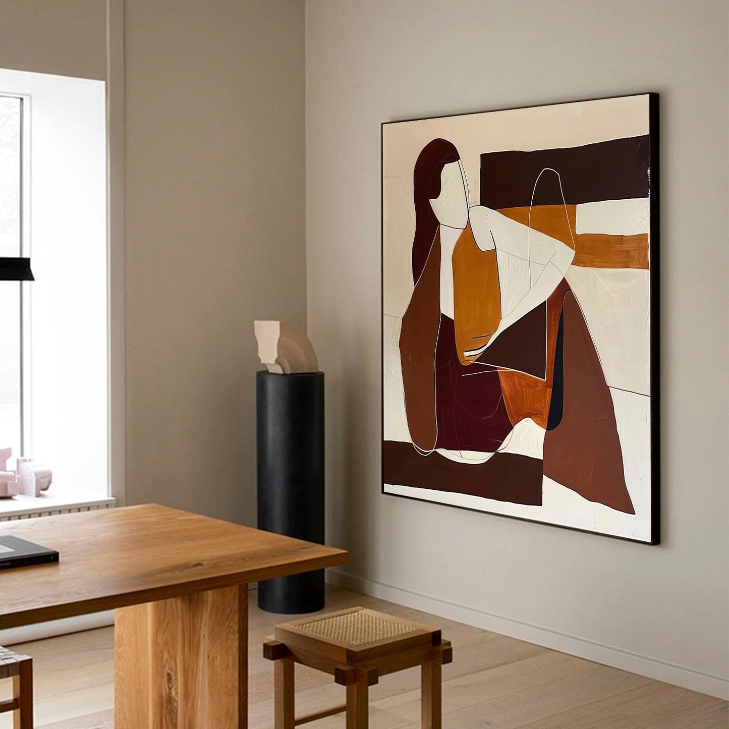 Contemporary Minimalist Oil Painting of Abstract Figures in Earthy Tones