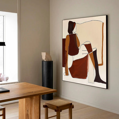 Contemporary Minimalist Oil Painting of Abstract Figures in Earthy Tones