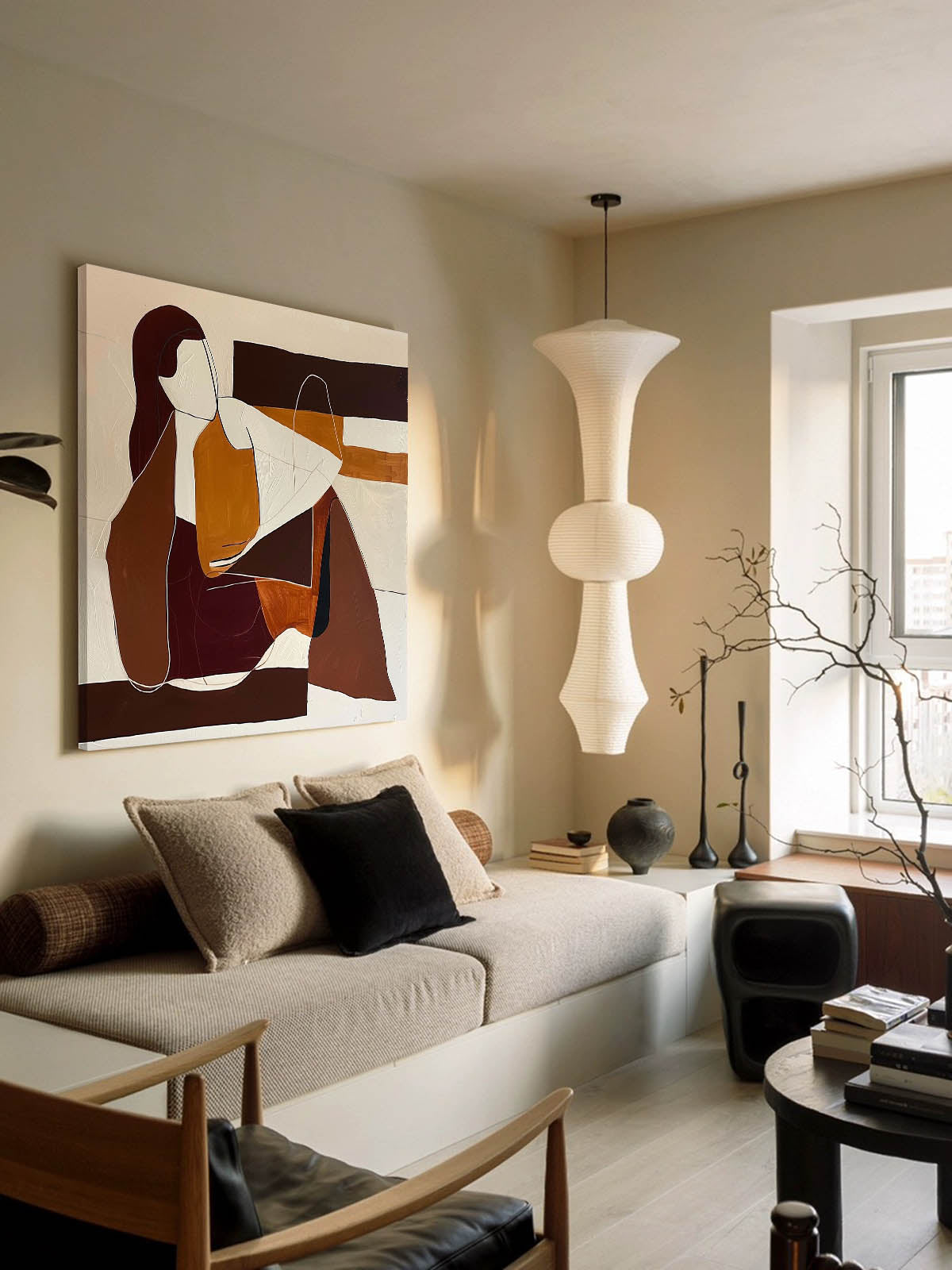 Contemporary Minimalist Oil Painting of Abstract Figures in Earthy Tones