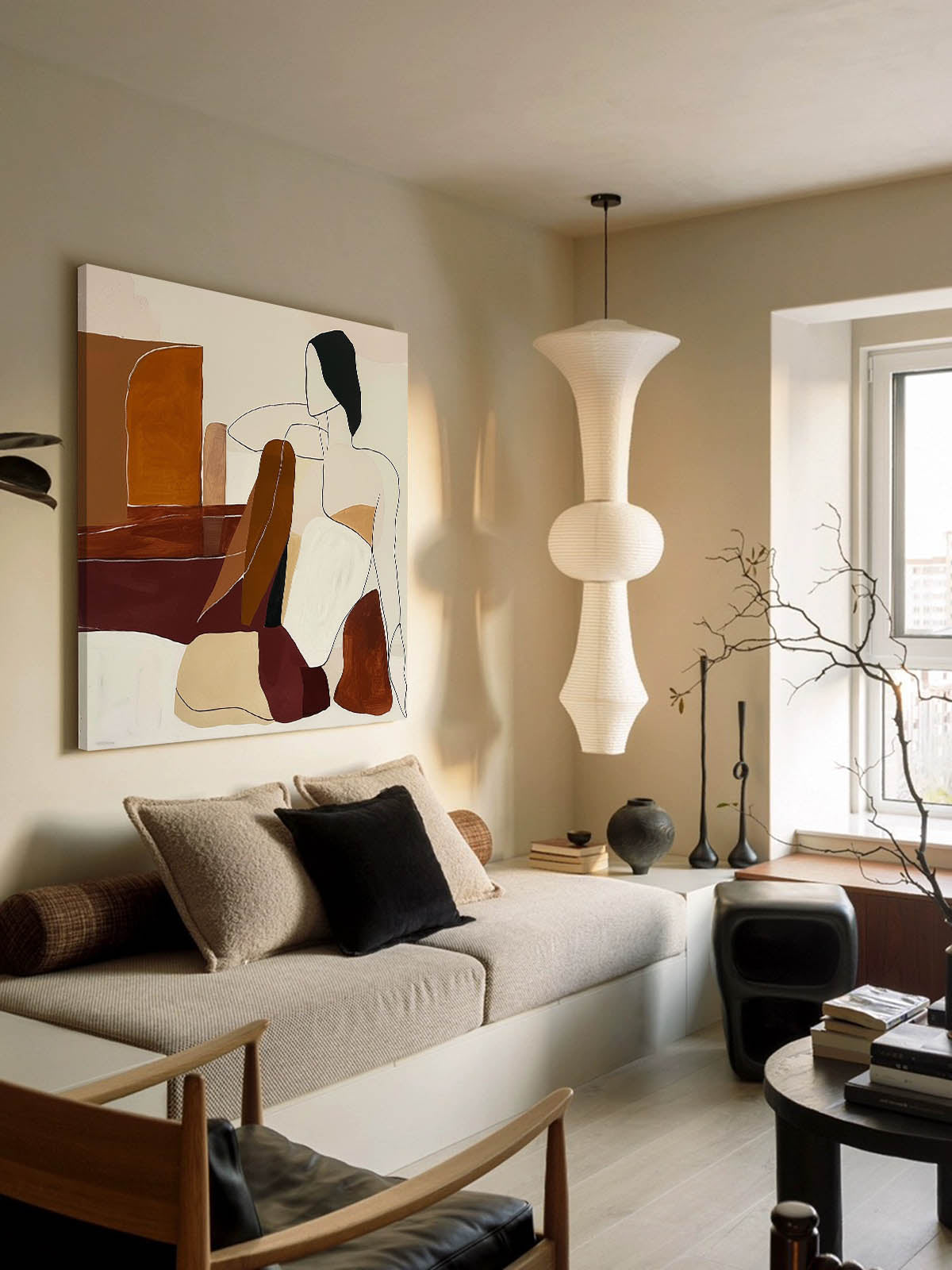 Elegant Minimalist Oil Painting of Abstract Human Figures in Warm Tones