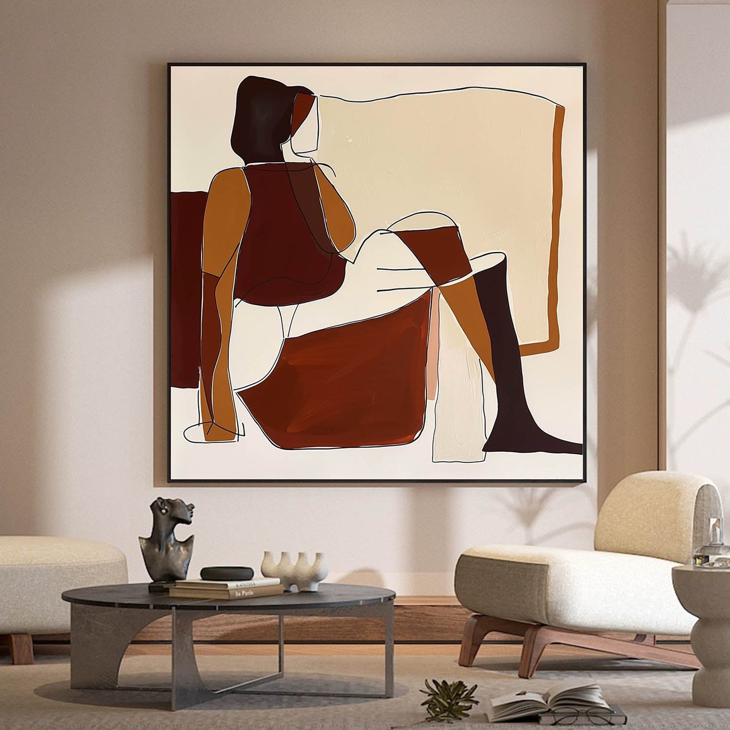 Contemporary Minimalist Oil Painting of Abstract Figures in Earthy Tones