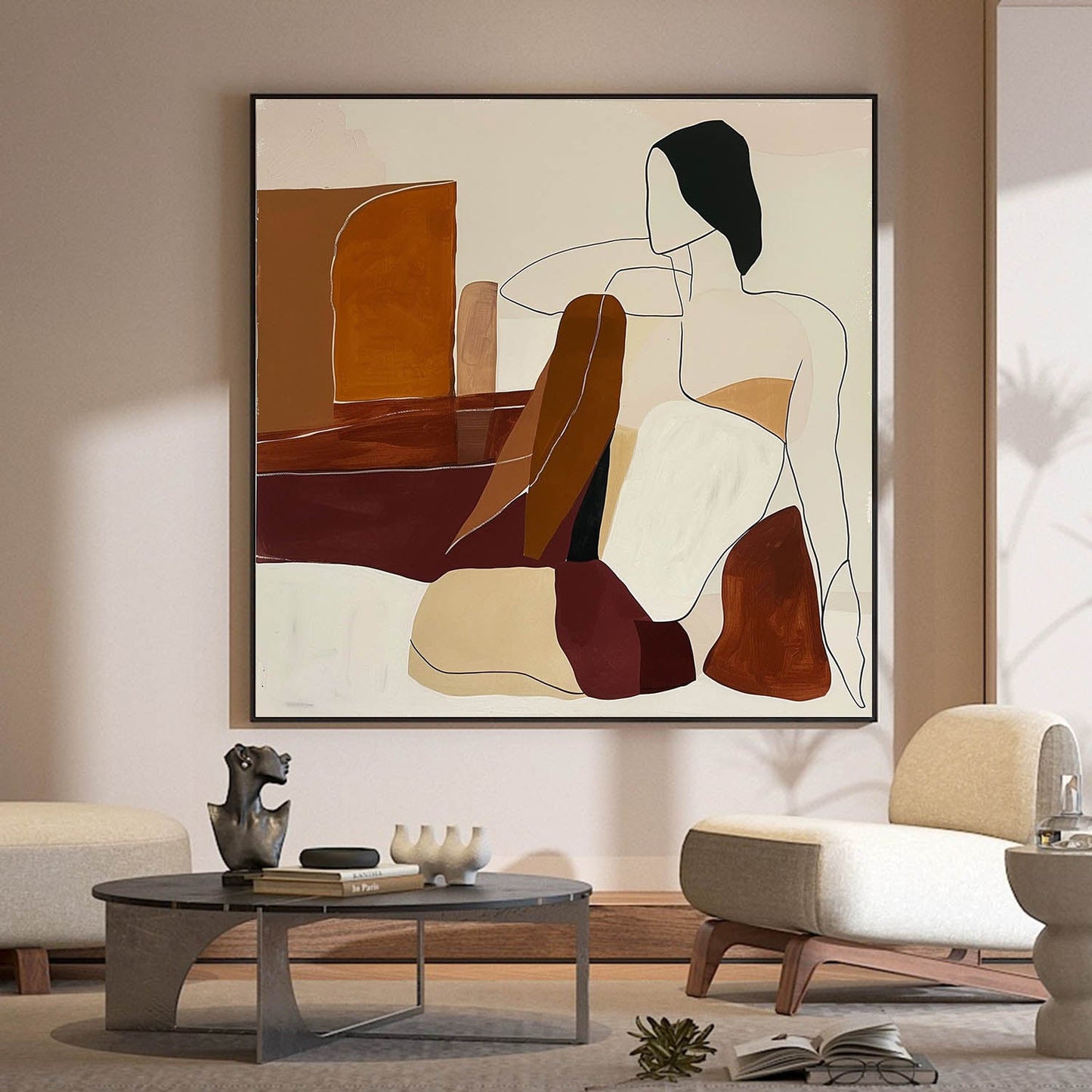 Elegant Minimalist Oil Painting of Abstract Human Figures in Warm Tones