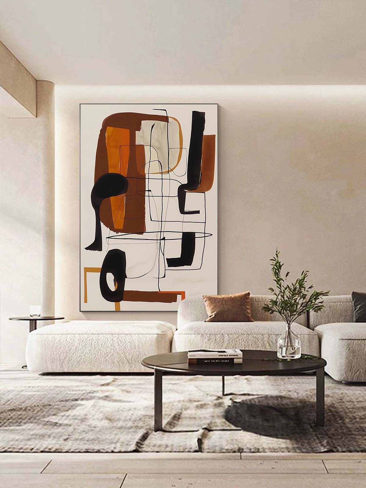 Modern Vintage Abstract Oil Painting with Bold Colors and Unique Lines