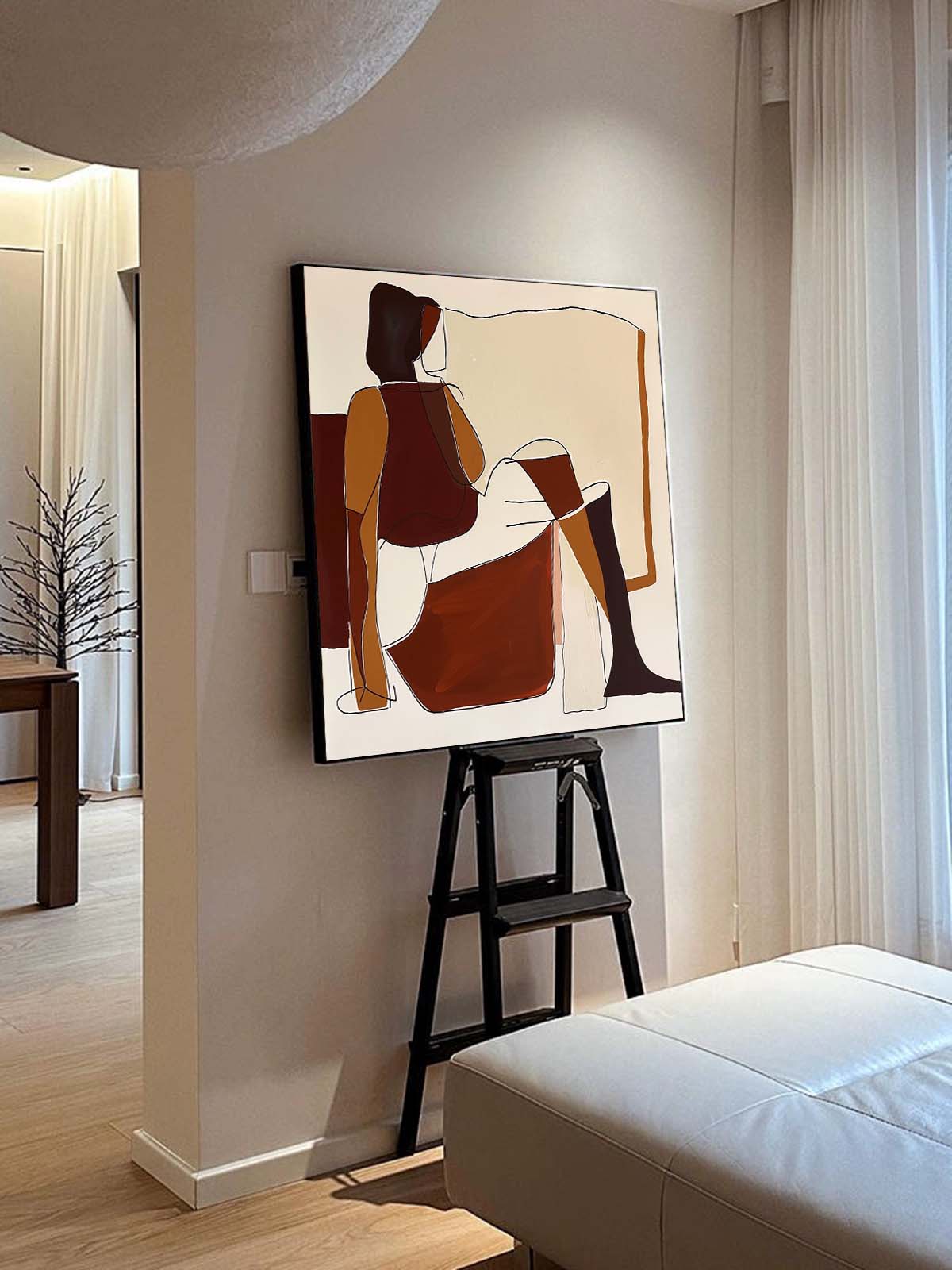 Contemporary Minimalist Oil Painting of Abstract Figures in Earthy Tones