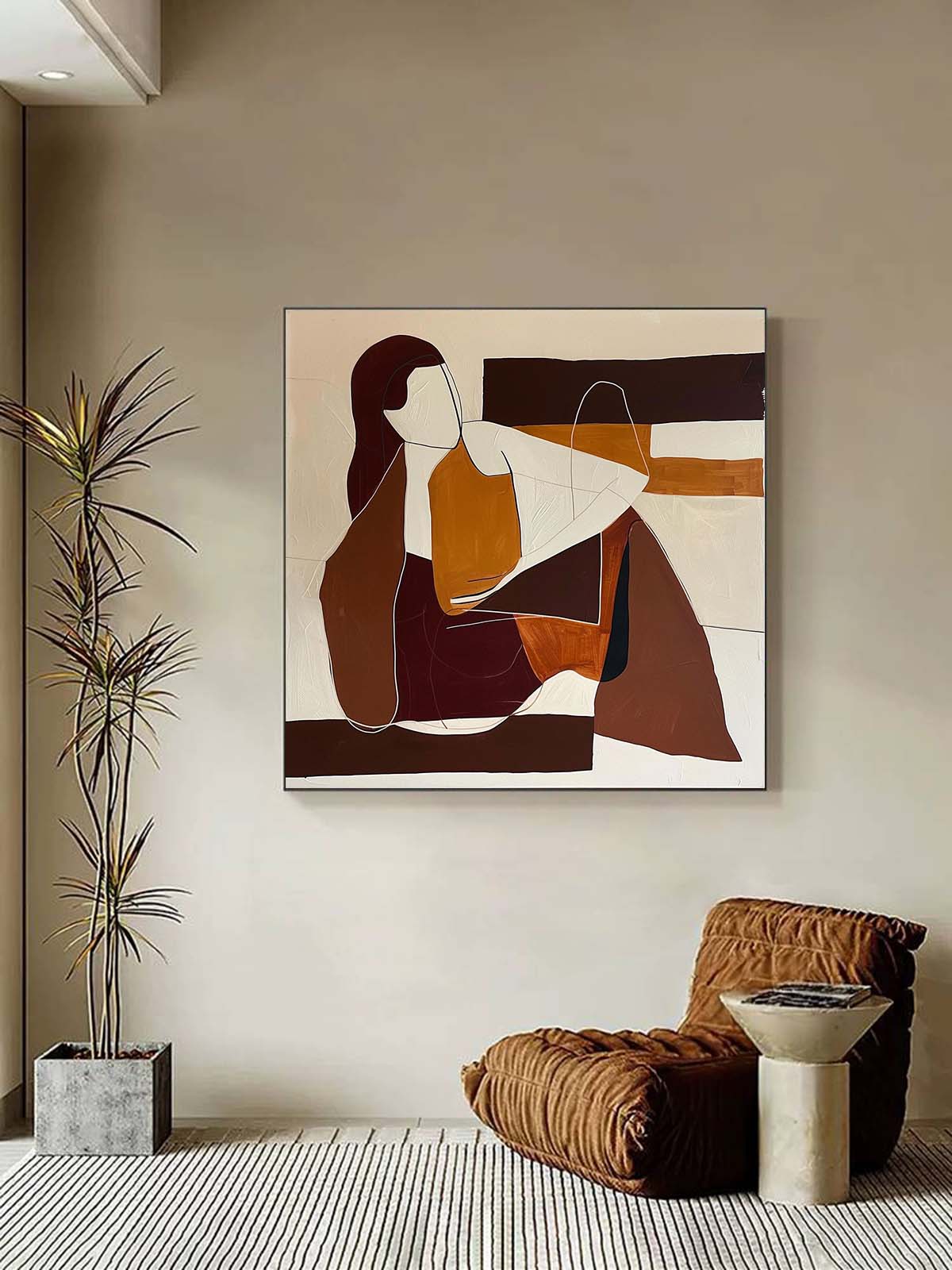 Contemporary Minimalist Oil Painting of Abstract Figures in Earthy Tones
