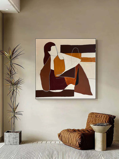 Contemporary Minimalist Oil Painting of Abstract Figures in Earthy Tones