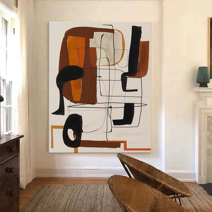 Modern Vintage Abstract Oil Painting with Bold Colors and Unique Lines