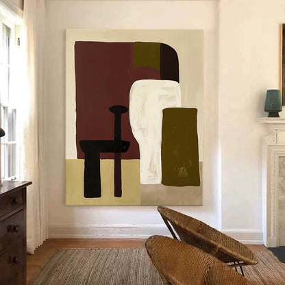 Contemporary Vintage Abstract Oil Painting with Unique Geometric Shapes