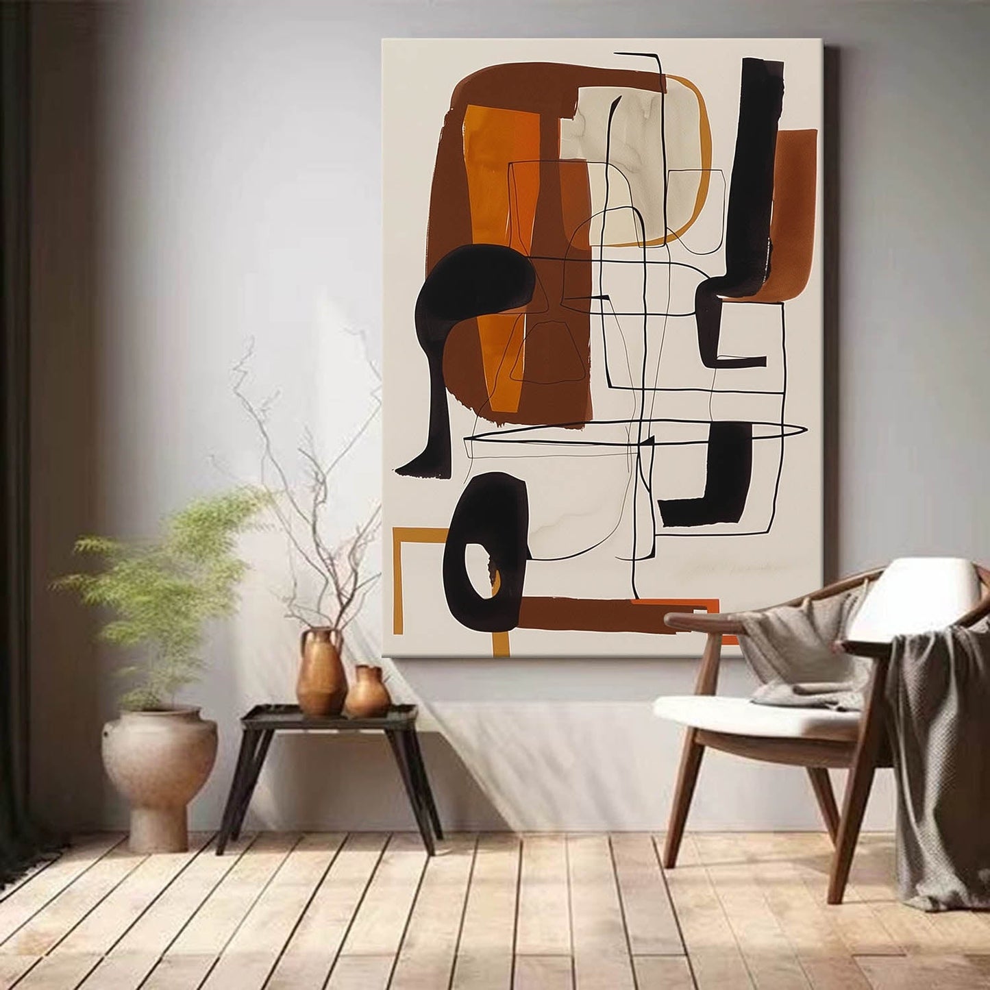 Modern Vintage Abstract Oil Painting with Bold Colors and Unique Lines