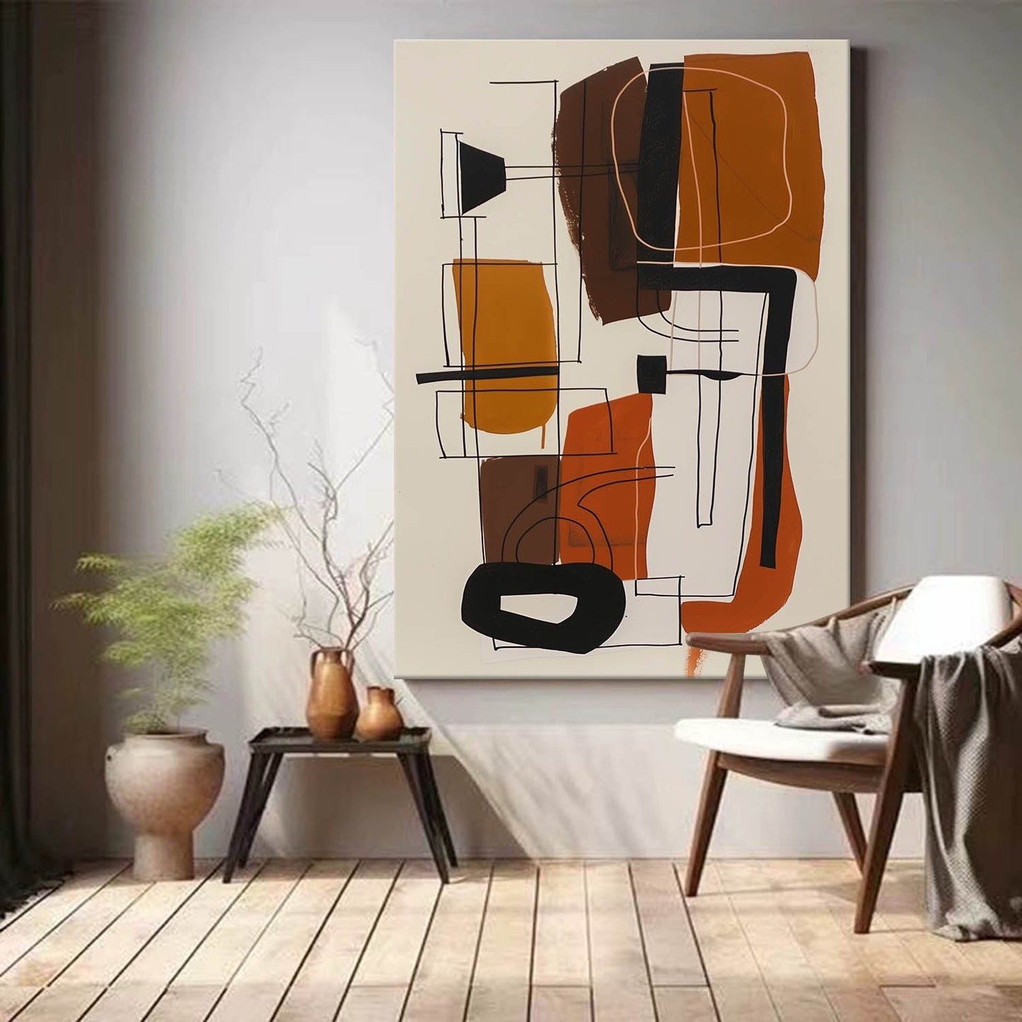 Modern Vintage Abstract Oil Painting in Warm Earthy Tones for Contemporary Decor