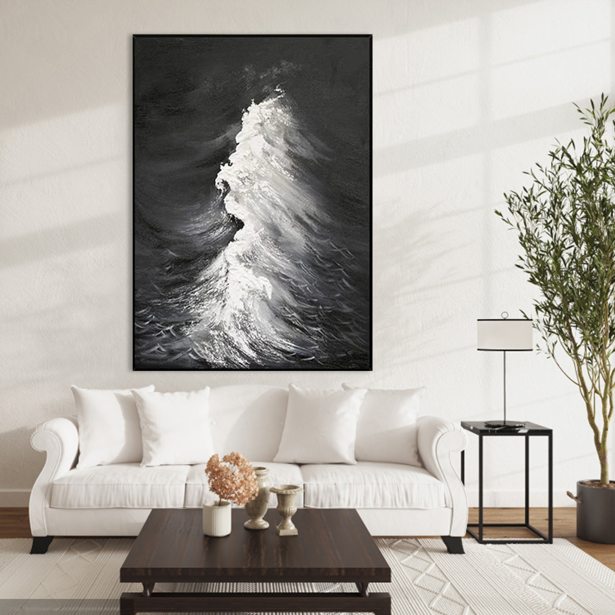 Elegant Ocean Waves: Majestic Black and White Oil Painting for Home Decor