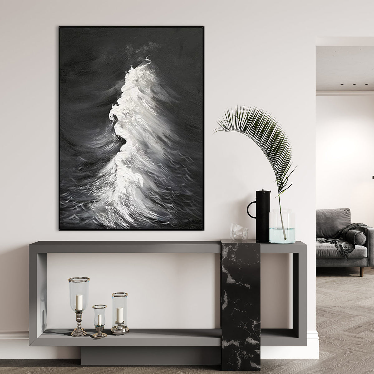 Elegant Ocean Waves: Majestic Black and White Oil Painting for Home Decor