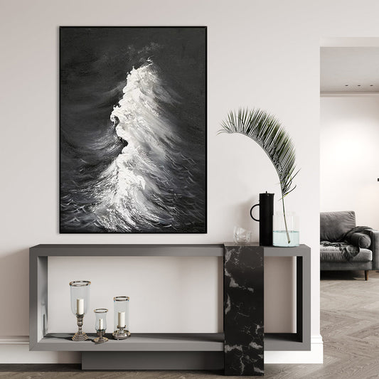Elegant Ocean Waves: Majestic Black and White Oil Painting for Home Decor